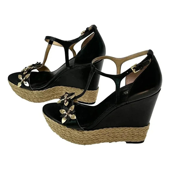 Michael Kors Heidi Womans Shoes Size 7.5 M Wedge Black Gold Juet Platform - Picture 3 of 10